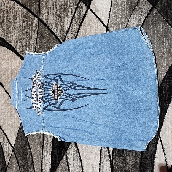 HARLEY DAVIDSON EMBROIDERED SILVER RAW-EDGE TRIBAL LOGO SNAP-BUTTON DENIM SHIRT - Picture 2 of 16